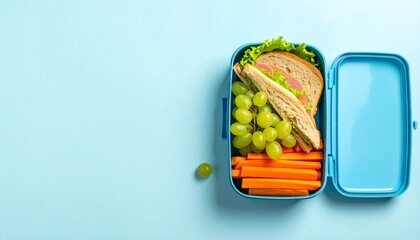 Fresh homemade packed lunch in a blue container with whole wheat sandwich lettuce grapes and carrots perfect for a nutritious meal at school or office space to text. copy text.