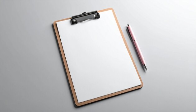 Blank white sheet of paper on a rustic wooden clipboard and pink pen isolated on a solid light gray background top view flat lay stationery mockup for presentation space to text. copy text.