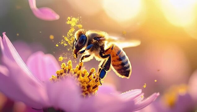 A beautiful bee pollinating a vibrant purple flower in the sunlight.