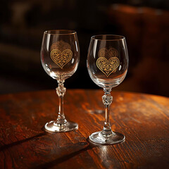 Elegant wine glasses with heart design