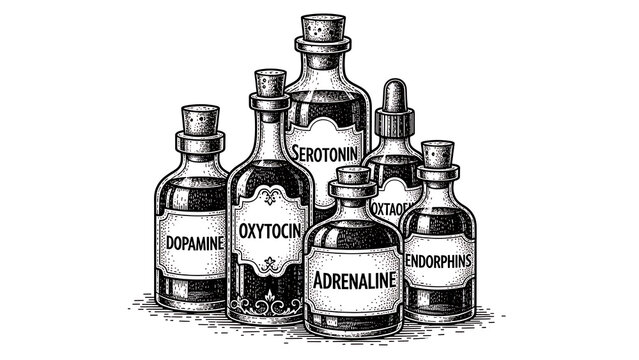 Hormone bottles with dopamine serotonin oxytocin adrenaline and endorphins sketch engraving illustra