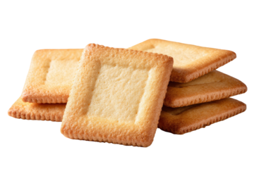 Stack of square crackers with golden-brown crust, centered against black