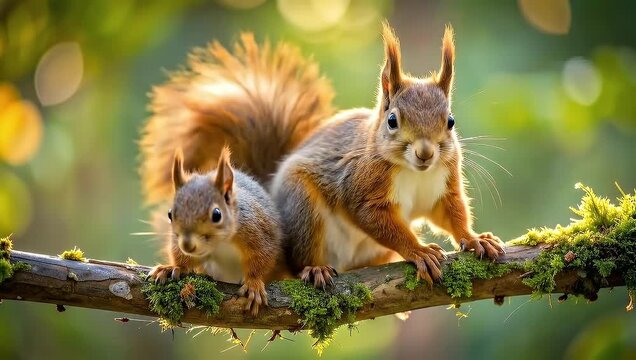 Two adorable squirrels perched on a tree branch in a sunny forest, wildlife.