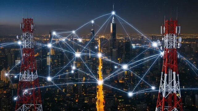 Cell towers with network connections in a city at night with skyscrapers