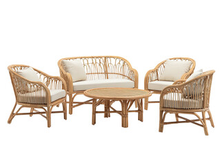 Outdoor rattan furniture set sofa, two chairs, table with cushion seating
