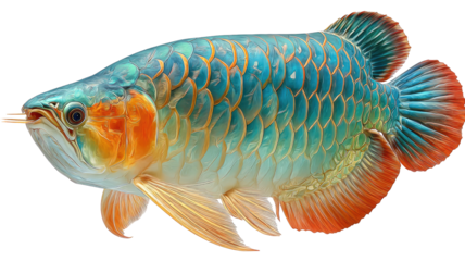 Ornate fish, turquoise scales edged with golden orange, flowing fins