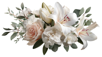 Elegant white lily and rose floral arrangement with greenery romantic botanical decoration isolated on white background