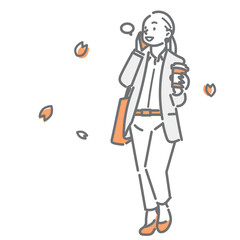 A smiling woman going to work with a refreshing feeling. A simple and stylish line drawing illustration