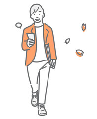 A smiling man going to work with a refreshing feeling. A simple and stylish line drawing illustration