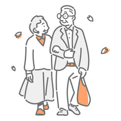 A simple and stylish line drawing of a senior couple enjoying a spring walk