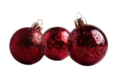 Red glitter christmas baubles ornaments with sparkling texture holiday decoration festive objects isolated on white background