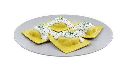 Four Ravioli with Cream Sauce and Herbs on a Plate