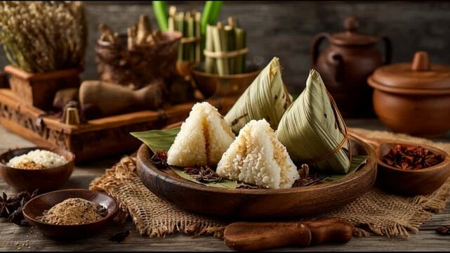 Steaming rice dumplings presented in wooden bowls on a rustic tabletop