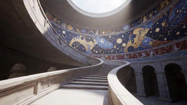 Modern architecture captures a glass dome ceiling above a sleek escalator inside a landmark Moscow center, blending ancient Italian palace design with historic city travel
