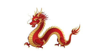 A vibrant red and gold dragon mascot against a clean white background, symbolizing Chinese New Year in a luxurious setting with warm tones.