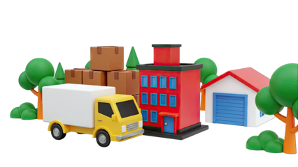 3D cartoon delivery scene with truck, boxes, and buildings