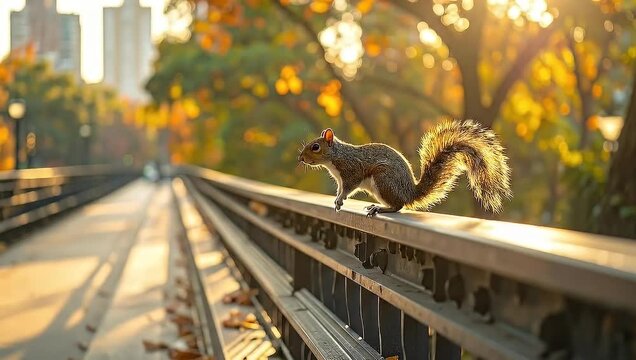 Squirrel on a metal rail in a park during the autumn season.