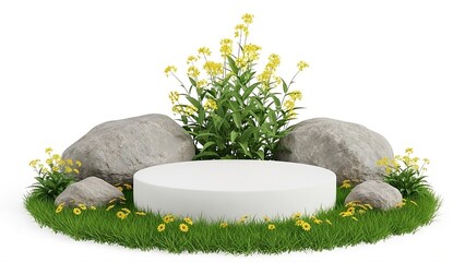 White Circular Podium Surrounded by Grey Rocks Green Grass and Yellow Wildflowers on a White Background