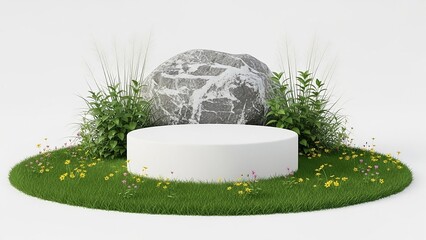 White Circular Podium with a Large Grey Rock Greenery and Small Wildflowers on a White Background display