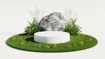 White Circular Podium with a Large Grey Rock Greenery and Small Wildflowers on a White Background display