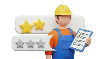 3D Cartoon Worker with Star Ratings and Checklist