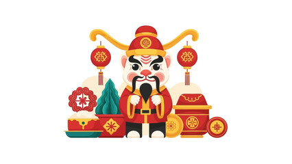 Obraz premium Illustration of a Chinese New Year mascot standing with gold coins and red decorations, conveying a luxurious and festive atmosphere against a clean white background with cinematic lighting.