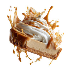 Slice of caramel cheesecake with whipped cream and sauce splash