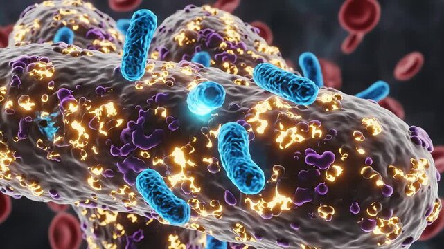 Antibiotic molecules entering a bloodstream microenvironment, drifting between red blood cells like soft glowing particles. The molecules approach clusters of bacteria, whose cell walls shimmer 