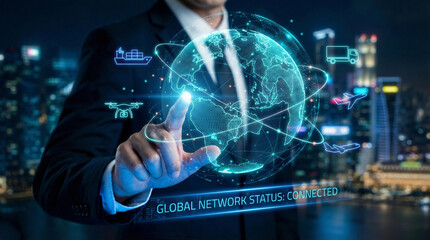 Futuristic businessman touching virtual global logistics network hologram with earth globe