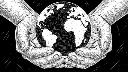 Earth hugs sketch engraving vector illustration T-shirt apparel print design Scratch board imitation
