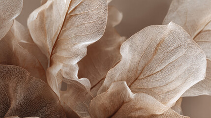 A close-up shot of several delicate, translucent dried leaves. The leaves exhibit intricate veining and a soft, natural color palette.