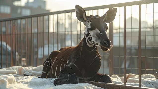 Okapi resting on a bed in a zoo enclosure, looking at the camera.