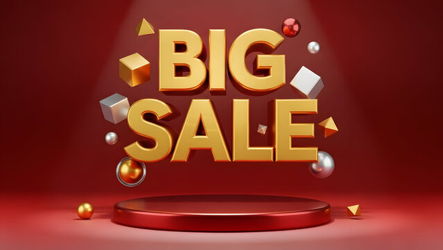 Dynamic 3D golden BIG SALE typography with elegant podium and scattered geometric shapes on vibrant red background for seasonal promotions and limited time discount events