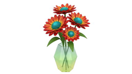 Vase of Orange and Yellow Flowers with Blue Centers