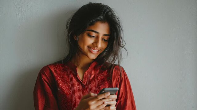 A woman in a red dress is looking at her cell phone. She is focused on the screen. Indian woman relaxed lifestyle moment, scrolling social media feed, clean background, editorial photography 