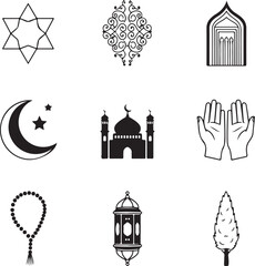 Obraz premium Minimal Islamic Ornament Icons - 9 Black Vector Silhouettes for Ramadan & Eid Design