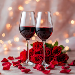 Romantic evening with wine and roses
