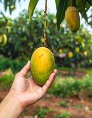 Close-up shot of a human hand gently holding a ripe yellow-green mango, with natural texture and subtle imperfections clearly visible on the fruit&rsquo;s skin. The background features a mango tree orchard 