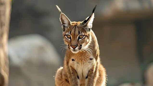 Majestic Caracal Cat Posing Gracefully in Natural Habitat with Focused Gaze.