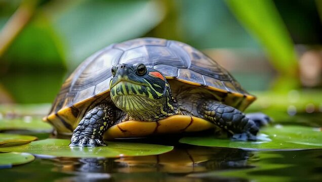 A close-up view of a red-eared slider turtle in its natural habitat.