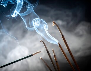 Incense sticks releasing swirling smoke against a smoky, dark backdrop