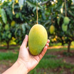 Close-up shot of a human hand gently holding a ripe yellow-green mango, with natural texture and subtle imperfections clearly visible on the fruit&rsquo;s skin. The background features a mango tree orchard 