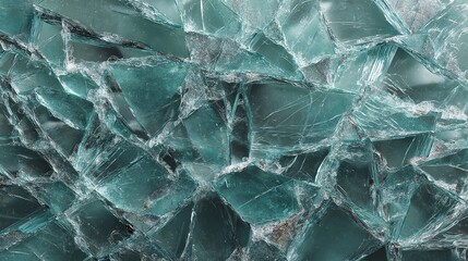 Close-up view of intricately shattered aqua-colored glass with sharp