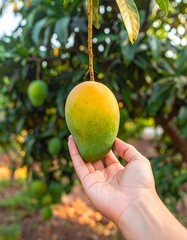 Close-up shot of a human hand gently holding a ripe yellow-green mango, with natural texture and subtle imperfections clearly visible on the fruit&rsquo;s skin. The background features a mango tree orchard 