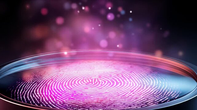 Magnifying glass revealing fingerprint with glowing particles on black