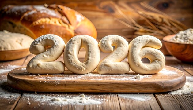 Dough numbers 2026 on a wooden board, with loaves and flour around