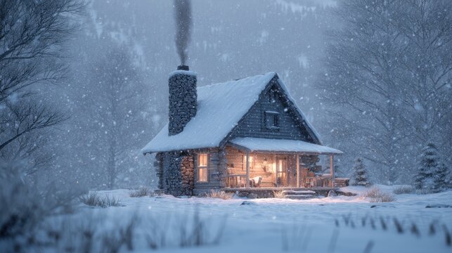 Cozy Cabin with Smoke, Snow Falling, Warm Light - Powered by Adobe