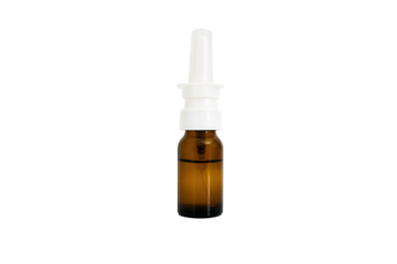 Nasal drop bottle mockup. Brown glass bottle with a white plastic cap and a spray nozzle isolated on a transparent background