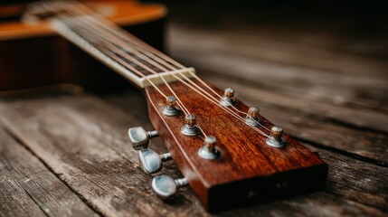 Close-Up of Acoustic Guitar Headstock with Tuning Pegs and Strings