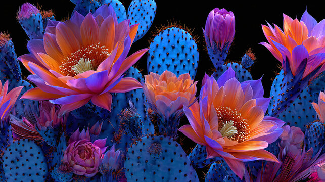 Vibrant cactus flowers in full bloom, showcasing a range of bright colors against a dark background